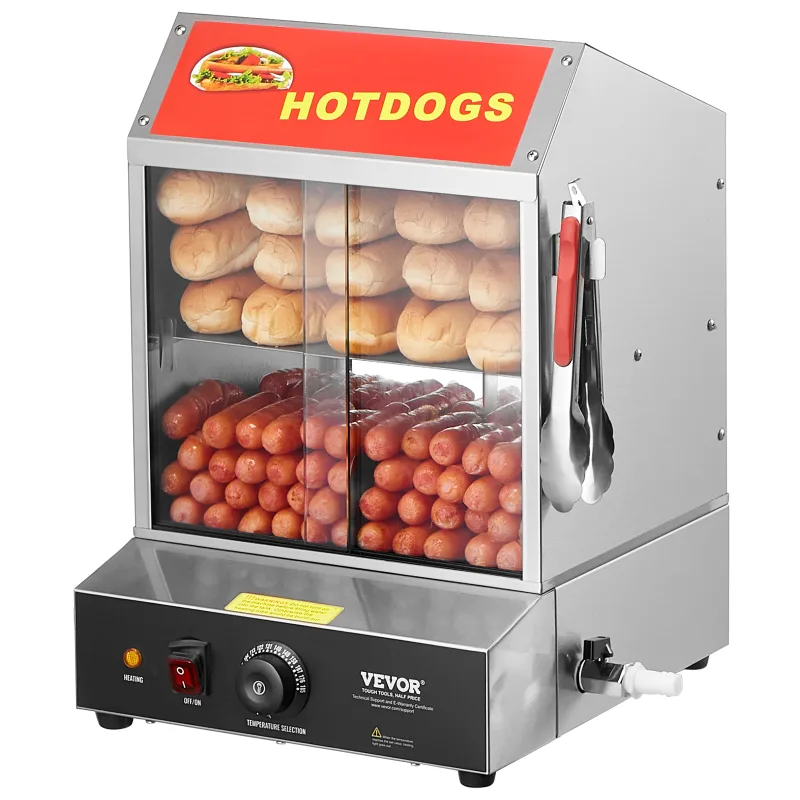 Vaporera para hot dogs,vevor 27l,vaporera para hot dogs de 2 niveles,temperatura 30° a 85°,calentador de pan eléctrico con puerta corredera