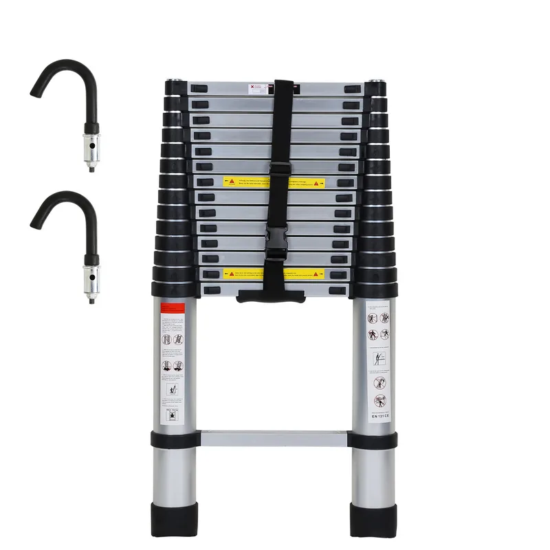 Escala telescópica de aluminio multiuso 4.4m escala telescópica de aluminio estable escala doble hasta 150kg plata con ganchillo