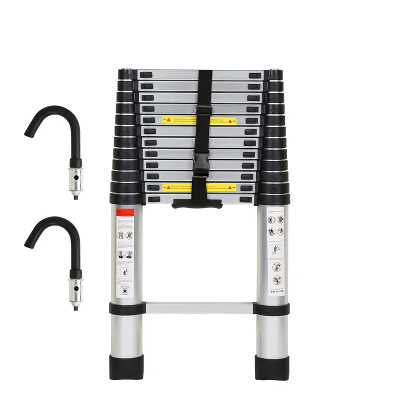 Escala telescópica de aluminio multiuso 3.8m escala telescópica de aluminio estable escala hasta 150kg plata con ganchillo