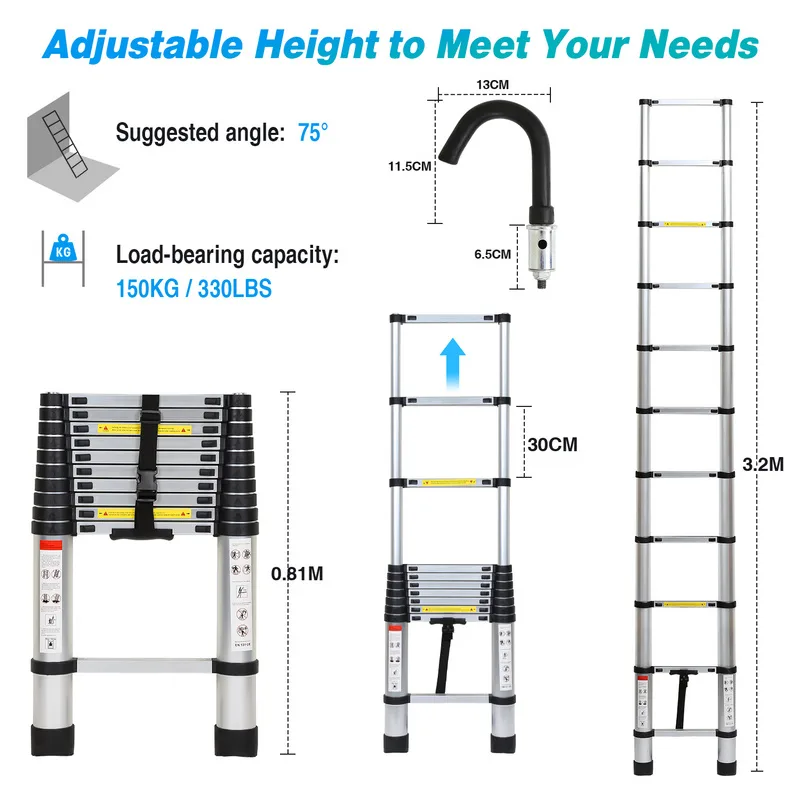 Escalera telescópica de aluminio, 3,2 m, multiusos, plateada, con gancho de aluminio estabilizado, doble, soporta hasta 150 kg