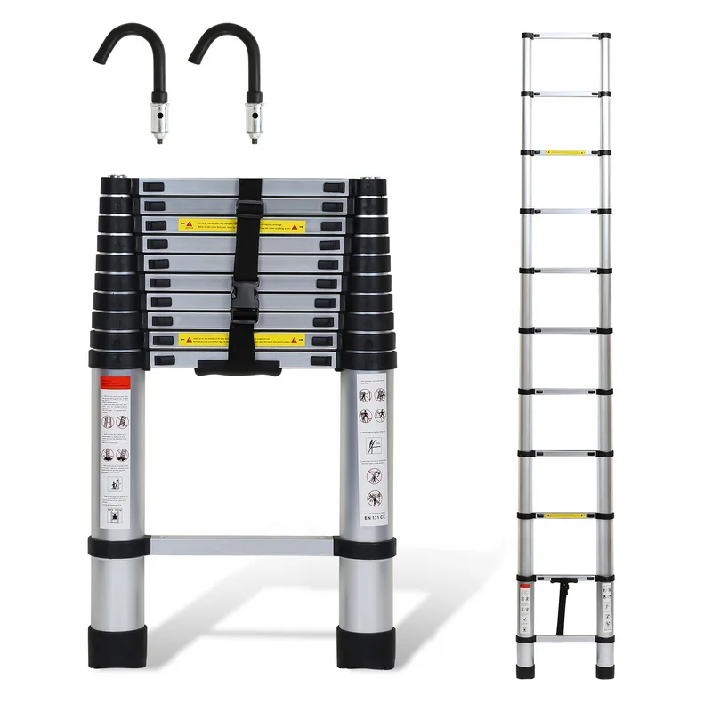 Escala telescópica escala de aluminio multiuso 3.2m escala de aluminio estable hasta 150kg plata con ganchillo