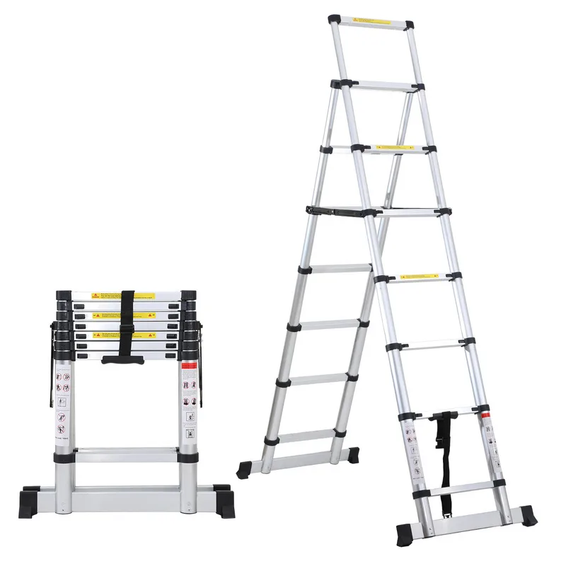 Escalera telescópica de aluminio, multiusos de 2,0 m + 2,3 m, plegable y estable con barra de lastre, capacidad de carga de 150 kg, color plata