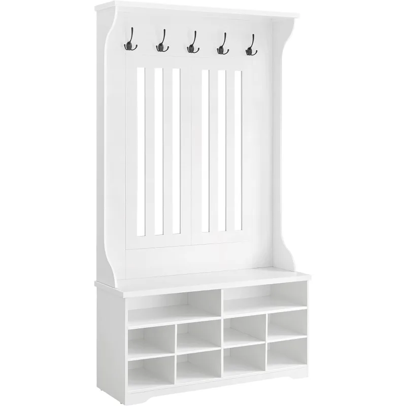 Perchero con banco, zapatero, 5 ganchos triples, independiente, ahorro de espacio, para vestíbulo, entrada, pasillo, blanco nube, regalo de navidad