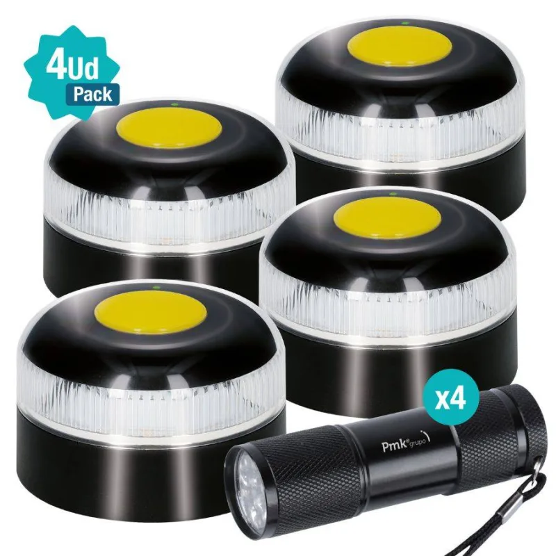 Pack 4 luz de emergencia v-16 conectada dgt 3.0 + 4 linternas de regalo [pmk grupo [030101] - geolocalización incluida