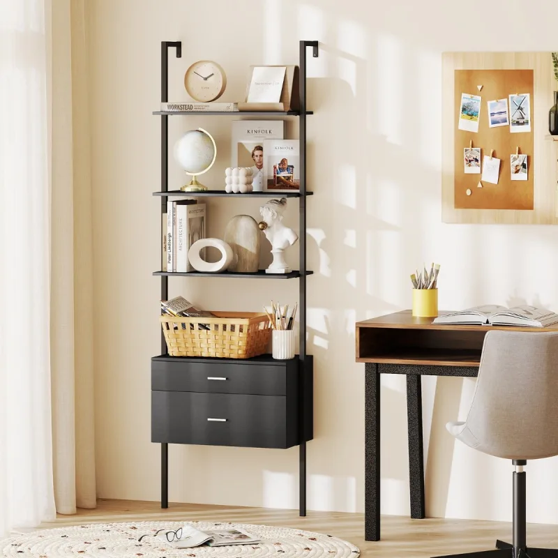 Librero escalera de pared con 2 cajones metal negro estante abierto 60 x 30 x 184 cm