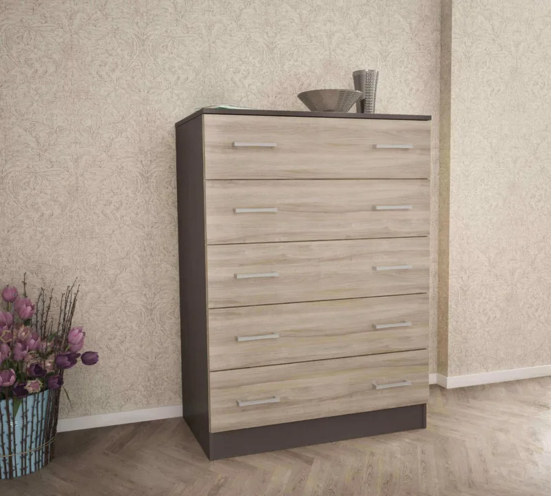 Cassettiera 5 cassetti, legno, grigio e olmo 80x45x111cm