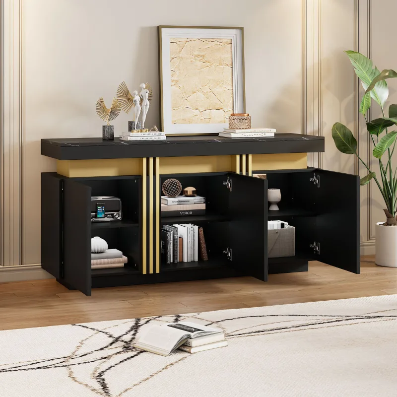 Aparador moderno 140x38x70 cm negro y dorado, 3 puertas, estantes ajustables, salón, cocina, oficina