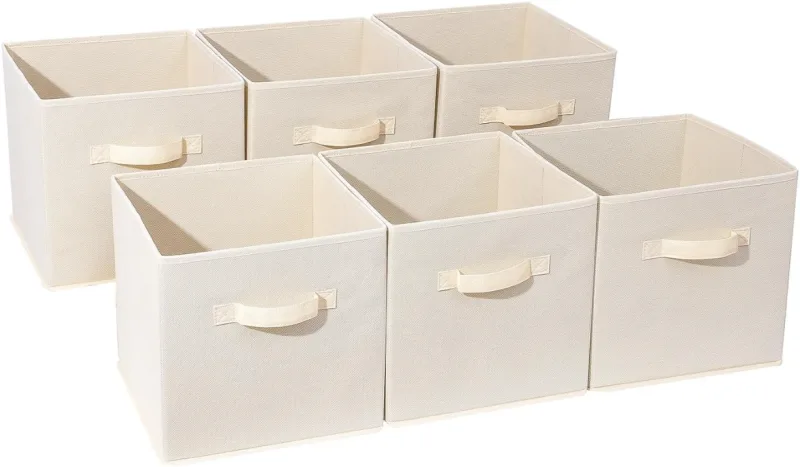 Paquete de 6 cubos de tela plegables con asas, 27 x 27 x 28 cm, color beige