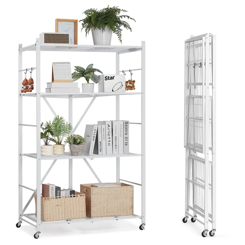 Estante plegable 4 niveles 91x53x152 cm,vevor metal reforzado con ruedas,carga 340 kg (estático)/90 kg (móvil),para garaje/cocina,blanco
