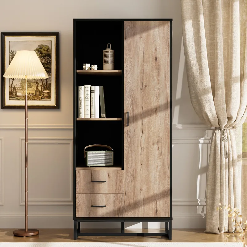 Aparador alto moderno 80×40×180cm (madera + estructura negra) - 1 puerta + 2 cajones + 3 compartimentos abiertos, versátil (salón/despacho/pasillo)