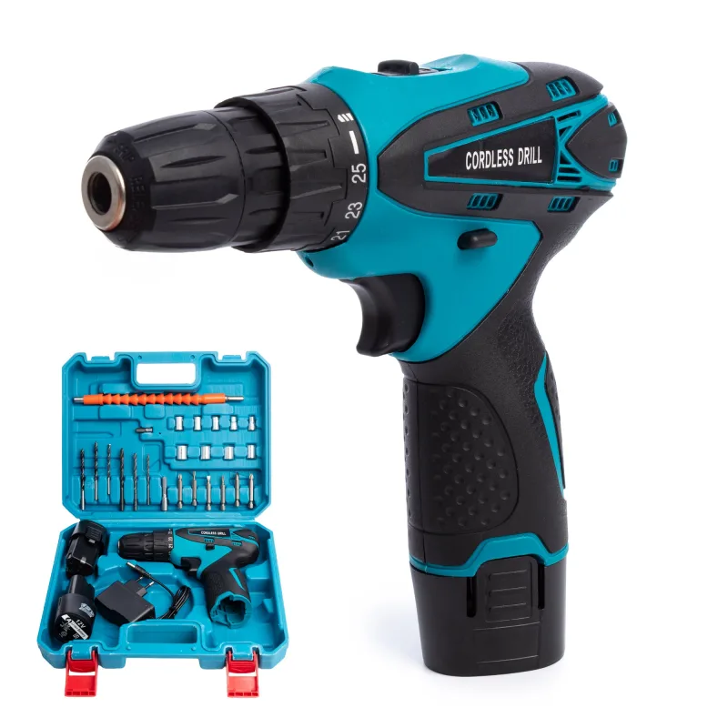 Taladro eléctrico inalámbrico 12v con doble velocidad, maletín de transporte y 24 accesorios. doble bateria 2600mah.
