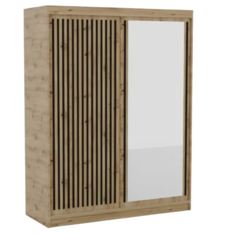 Armario corredero bizen con lamas efecto madera y espejo – moderno y cálido-beige y negro-anchura 160 cm