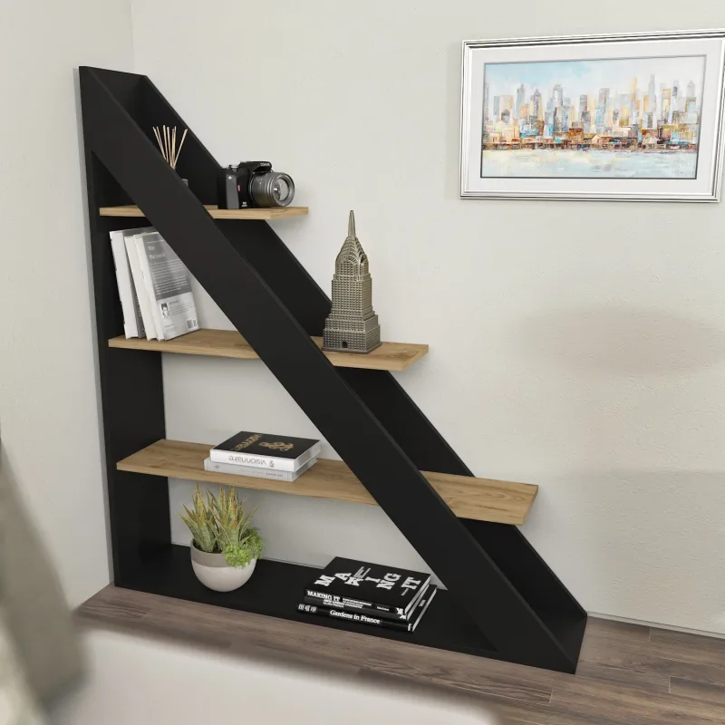 Elegante librería negra y roble, 120 cm x 131,8 cm x 25 cm | tablero de partículas 100 % melaminado, 18 mm de grosor | perfecta para la deco