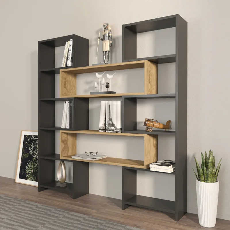 Librería elegante – 163,5 cm x 150 cm x 22 cm – negro y roble – tablero de partículas recubierto de melamina