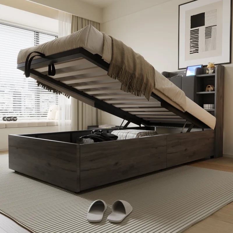 Cama individual de madera gris 90x200 cm con almacenaje hidráulico, cabecero con estantes y toma usb & tipo-c (sin colchón)