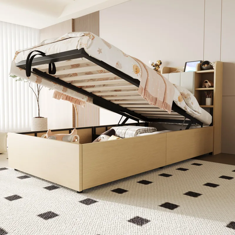 Cama individual de madera 90x200 cm con almacenaje hidráulico, cabecero con estantes y toma usb & tipo-c integrada (sin colchón)