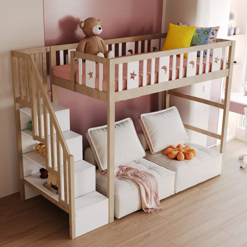 Cama alta infantil 90×200cm en madera maciza con escalera con almacenaje y decoración de estrellas y luna