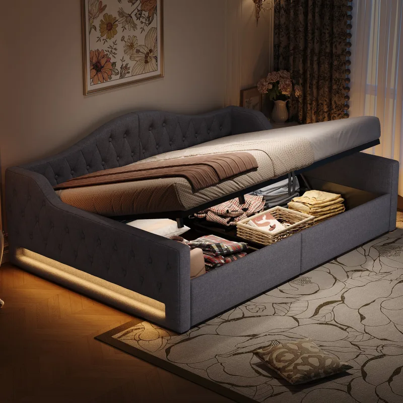 Sofá cama 140x200 con led y almacenamiento, gris, elegante y cómodo, fácil montaje
