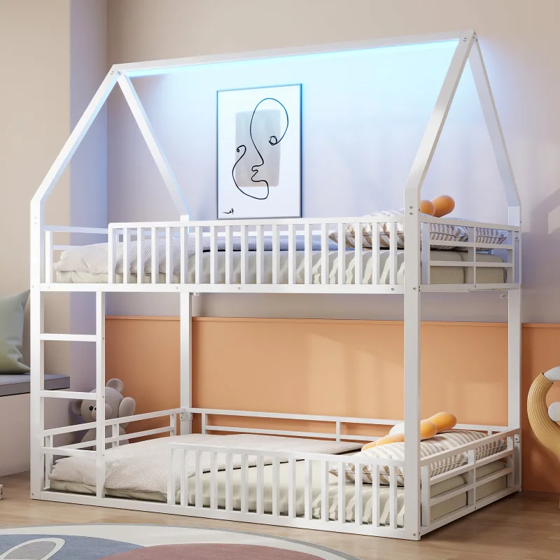 Litera casa 140x200 con barandilla y led, blanca, segura, divertida y fácil montaje