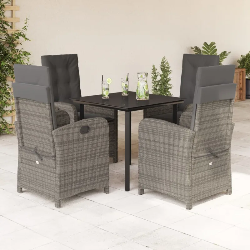 Set comedor de jardín 5 piezas con cojines ratán sintético gris