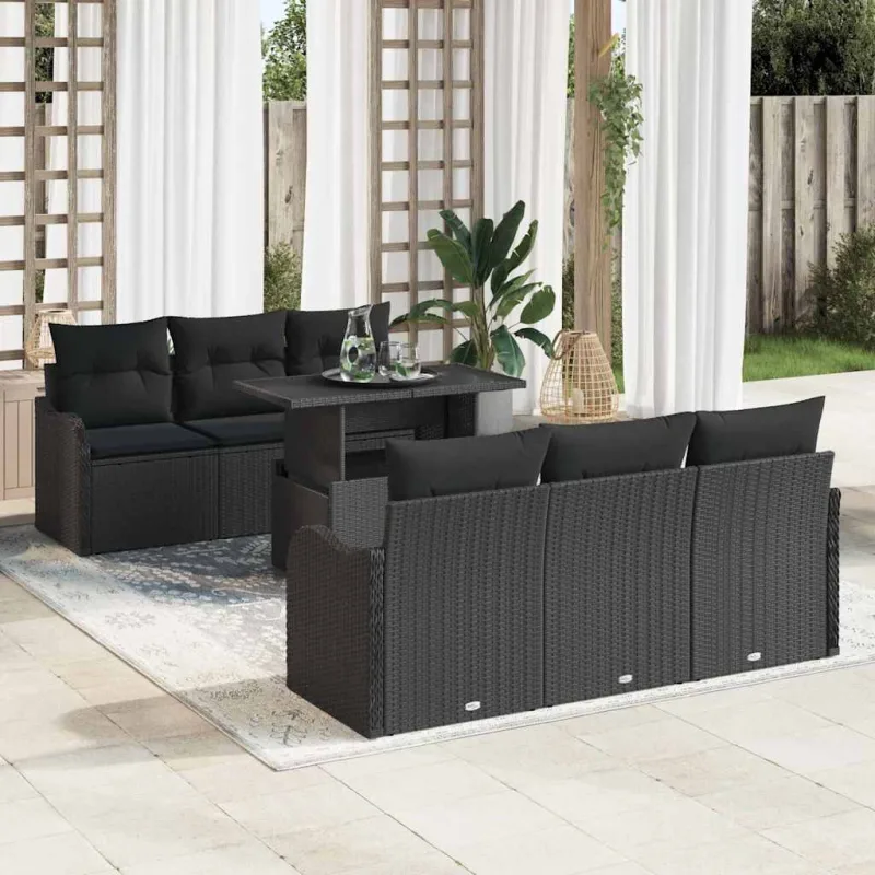 Conjunto de sofá de jardín 7 pcs negro rattan de poliéster
