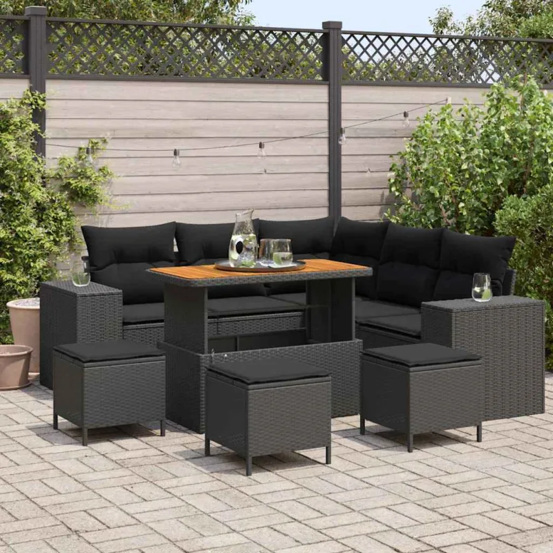 Conjunto de sofá de jardín 9 pcs negro ratán sintético
