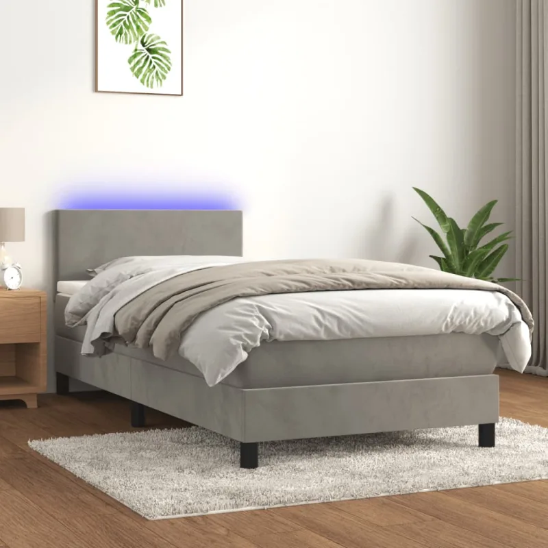 Cama box spring colchón y led terciopelo gris claro 100x200 cm