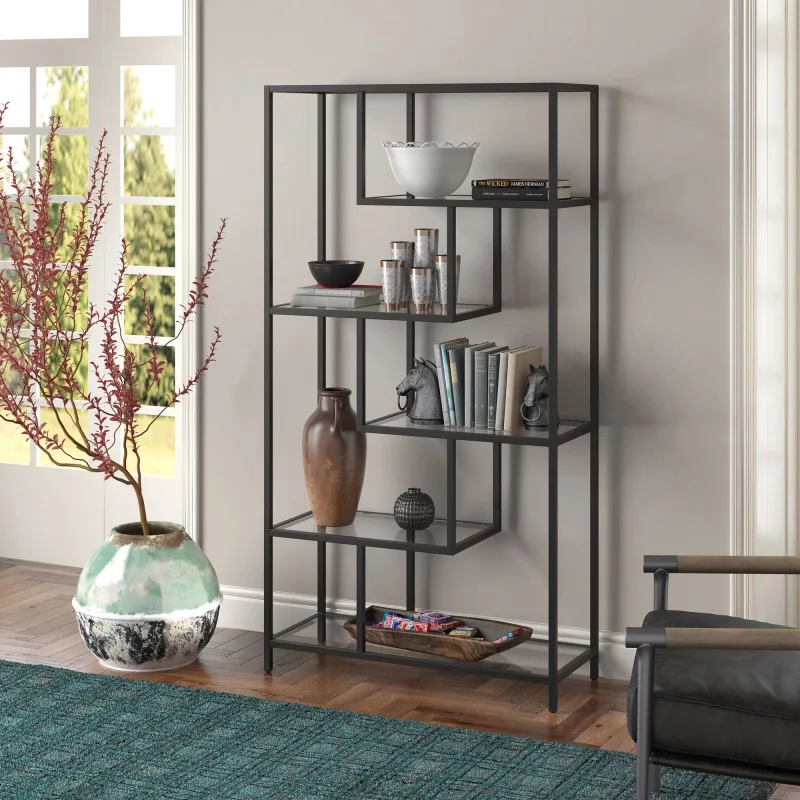 Librería – 90cm x 172cm x 30cm – negra y transparente – vidrio templado y metal