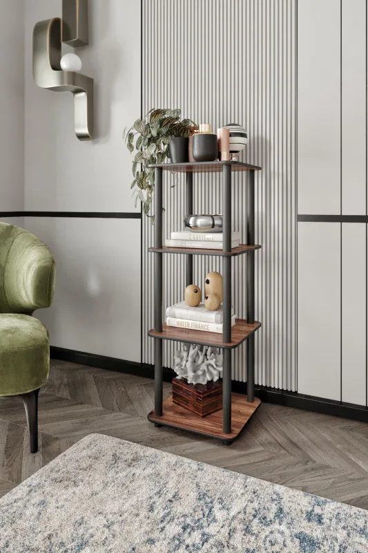 Librería cuadrada de 4 estantes en nogal: diseño moderno y compacto