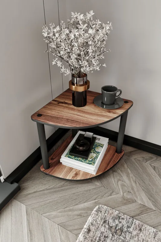 Estantería esquinera de dos niveles en nogal - diseño compacto de primera calidad