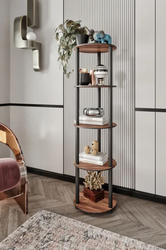 Librería redonda de nogal con 5 estantes - diseño moderno premium