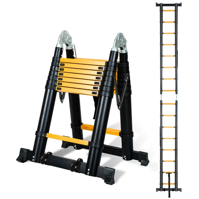 Escalera telescópica premium de 5 m, negra, antideslizante, multifuncional