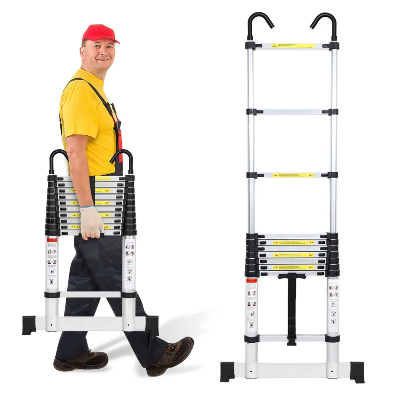 Escalera telescópica plateada de 3,2 m con estabilizador y ganchos, 150 kg