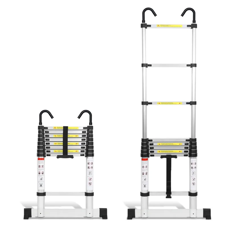 Escalera telescópica plateada premium de 2,6 m con estabilizador y ganchos