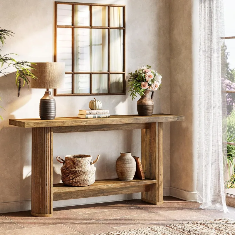 Tribesigns mesa consola moderna, mesa estrecha para entrada/sofá con 2 estantes, 140 x 30 x 80 cm, madera, marrón
