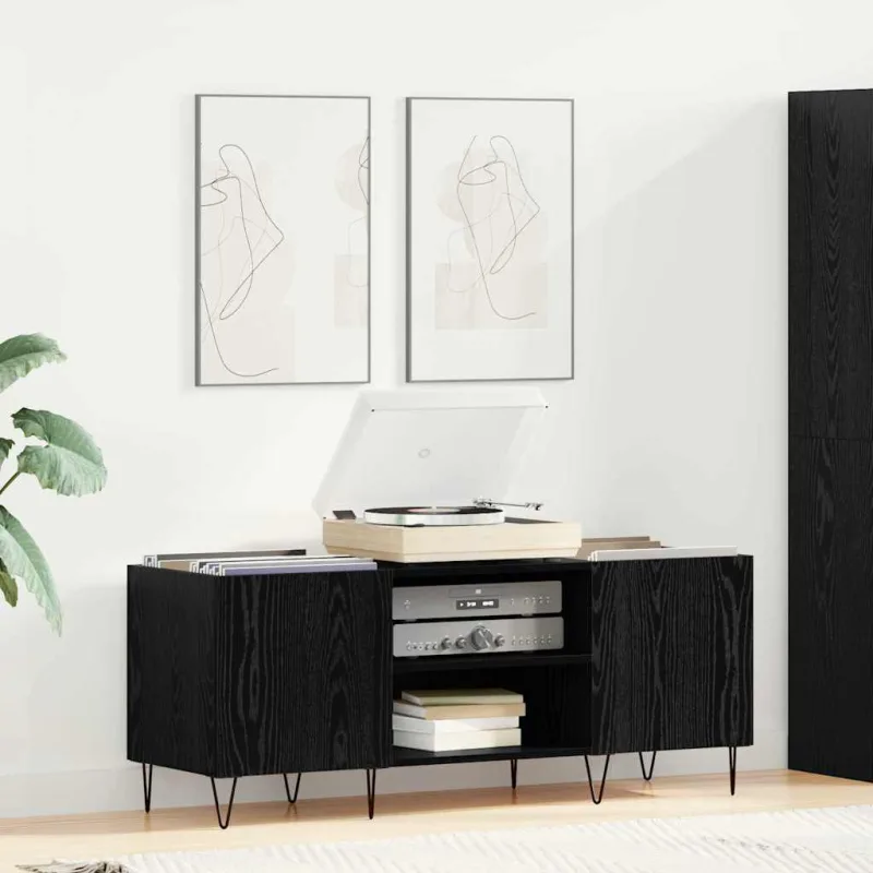 Mueble para discos de vinilo roble negro 121 x 38 x 48 cm