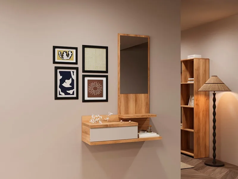 Recibidor con cajón y espejo mauvella beige – consola de entrada moderna 116x27,4x81 cm – mueble auxiliar elegante y funcional para pasillos o entrada