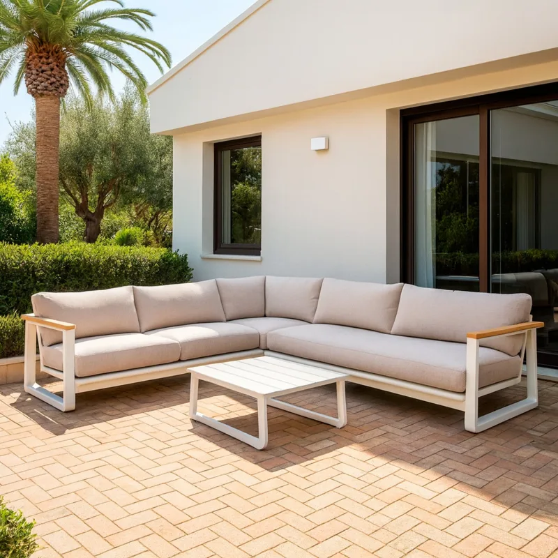 Set de sofá en ángulo para 6 personas con estructura de aluminio, brazos de teca fsc® y cojines repelentes al agua en color crema sined.