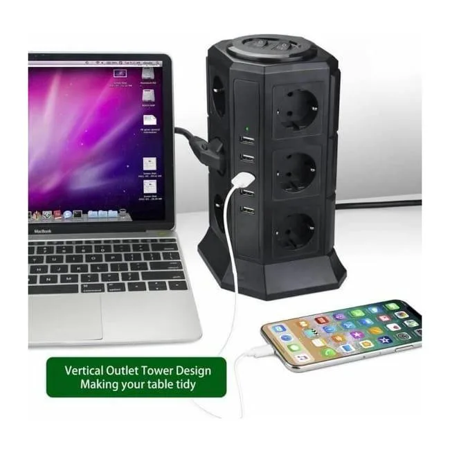 Regleta con protector contra sobretensiones y pararrayos, 12 enchufes con 5 puertos usb 4,5 a bleosan - cable de 2 m - negro