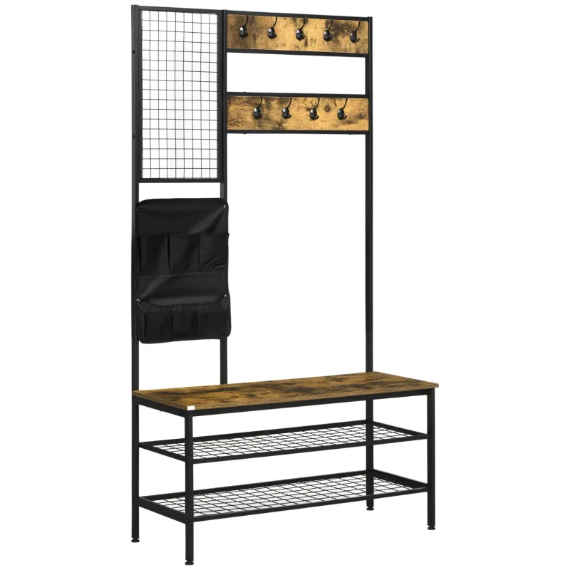 Perchero industrial de metal marrón con banco, 9 ganchos, estante zapatero y tablero memo 100x40x185 cm