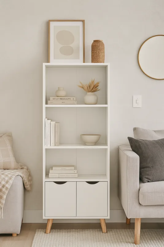 Estantería blanca con 2 puertas – 50x30x160 cm – mueble auxiliar moderno con patas de madera de pino – diseño nórdico y funcional