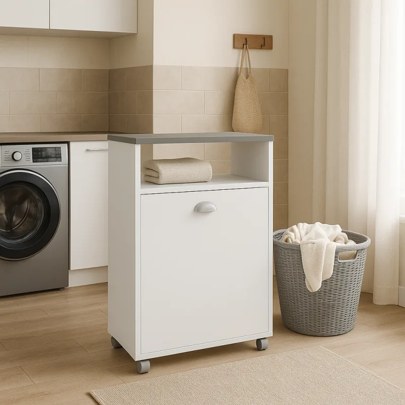 Mueble de lavandería blanco con cesta metálica y tapa gris grafito – 60x40x80 cm – diseño moderno y funcional en melamina