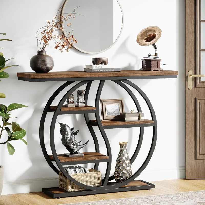 Mesa consola estrecha tribesigns, 120 cm, 5 niveles, estilo industrial con base circular, mesa de almacenaje marrón rústica para salón y dormitorio