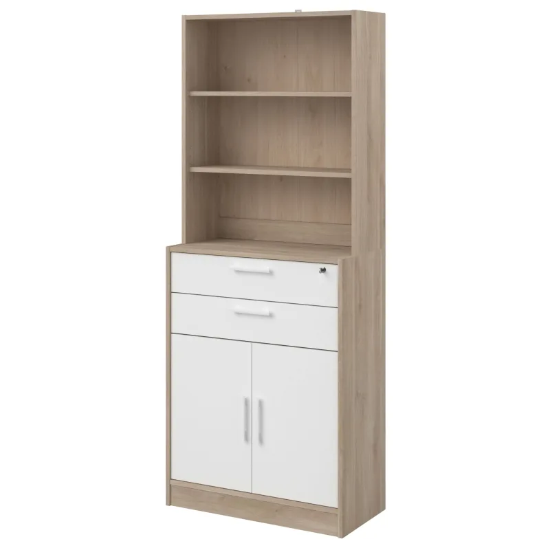 Estantería de oficina, estantería alta veltis, 2 cajones, 2 puertas abatibles blanco mate y roble japonés 79x202x40 cm