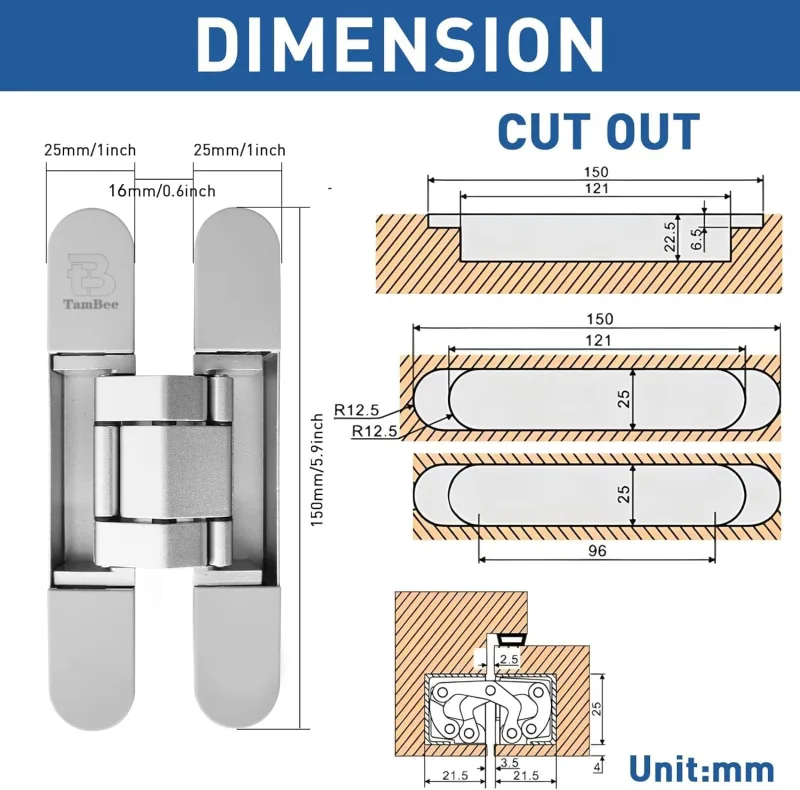 Bisagra cruzada 3d invisible ajustable para puertas ocultas de 150 mm × 25 mm