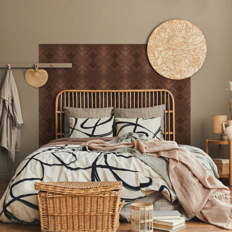 Vinilo cabecero madera marrón art déco h120 x w140 cm - adhesivo de pared - revestimiento sticker mural decorativo