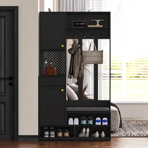 Set de armario de entrada con banco, 4 ganchos, puertas y cajones - negro, dimensiones compactas 100×180×35 cm