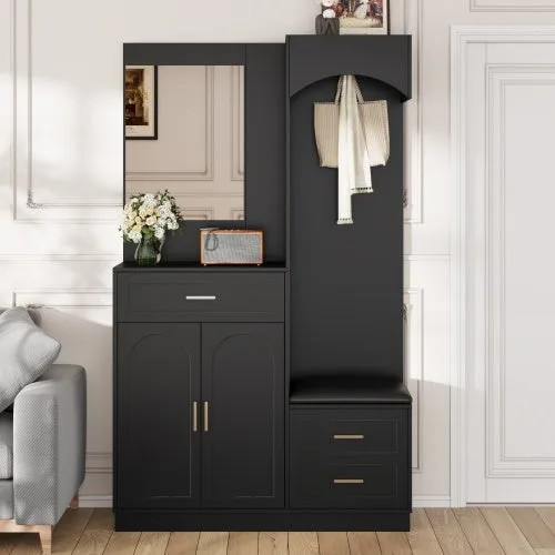 Armario de entrada moderno y compacto, combinación de guardarropa y zapatero con espejo, estantería multifuncional