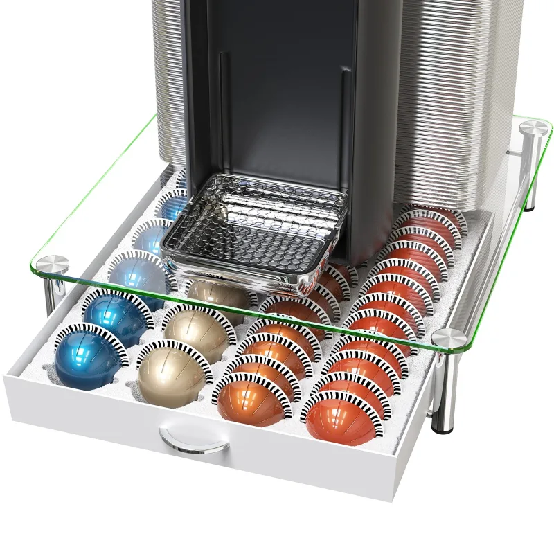 Cajón para café, con capacidad para 30 cápsulas grandes o 60 pequeñas, atractivo, sencillo y práctico, de color blanco.