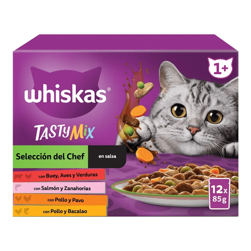 Whiskas - Comida húmeda para gatos adultos +1 año Whiskas Tasty Mix Selección del Chef en salsa.